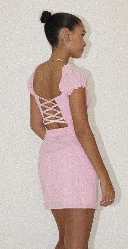 PINK COTTON EYELET LACE UP DRESS